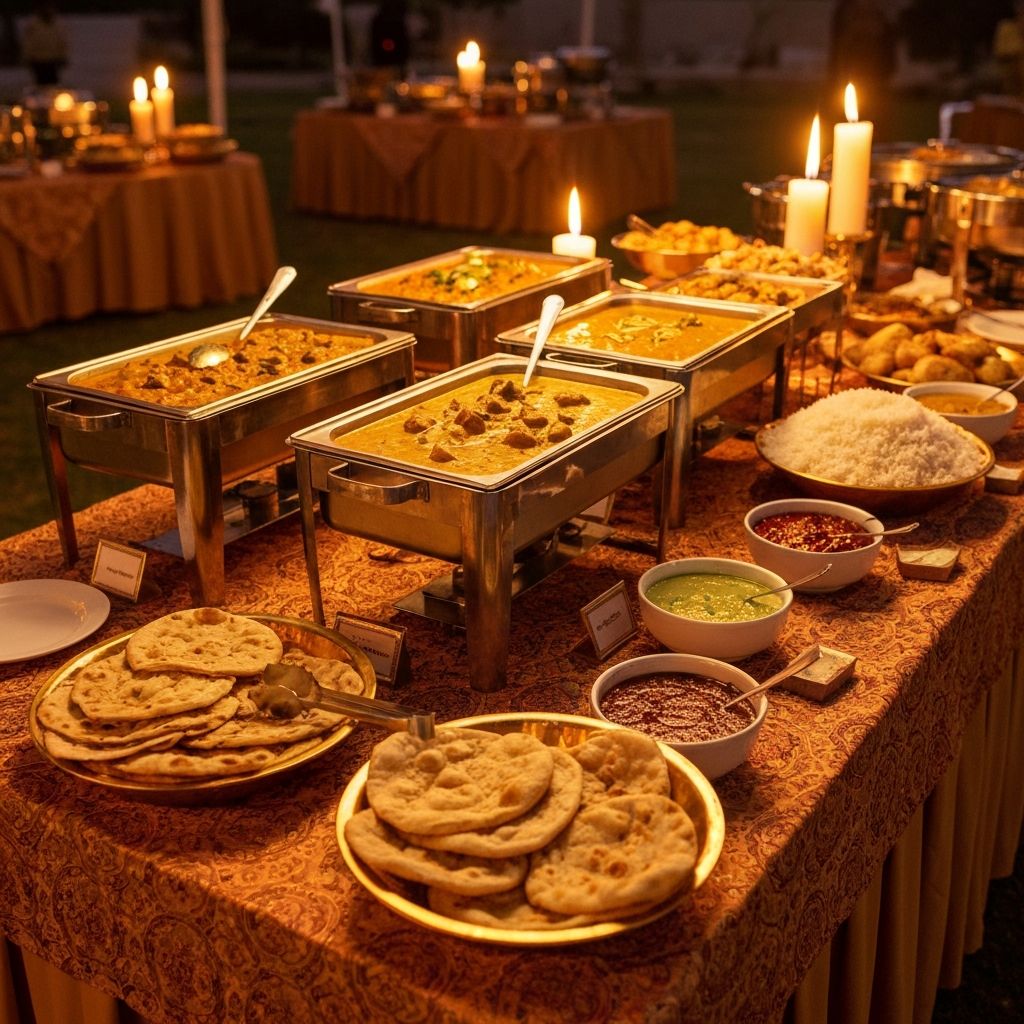 Elegant Indian catering buffet setup with a variety of Punjabi dishes